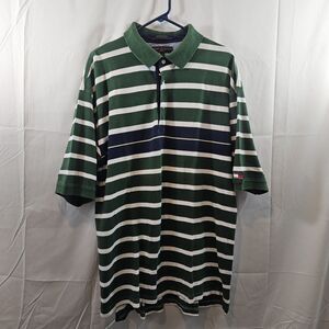 Tommy Hilfiger Polo Shirt Mens XL Green White Striped Casual Short Sleeve